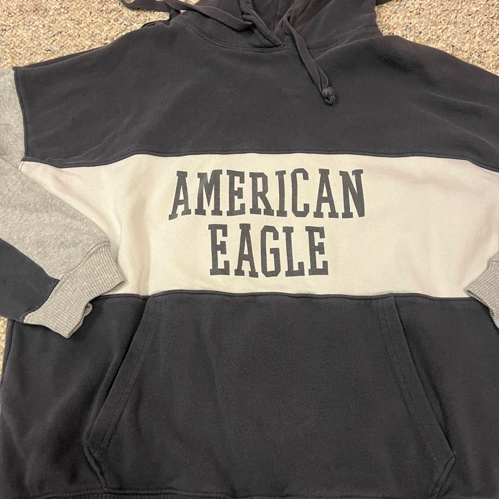 American Eagle Outfitters Black & Cream Colorblock Crewneck Hoodie